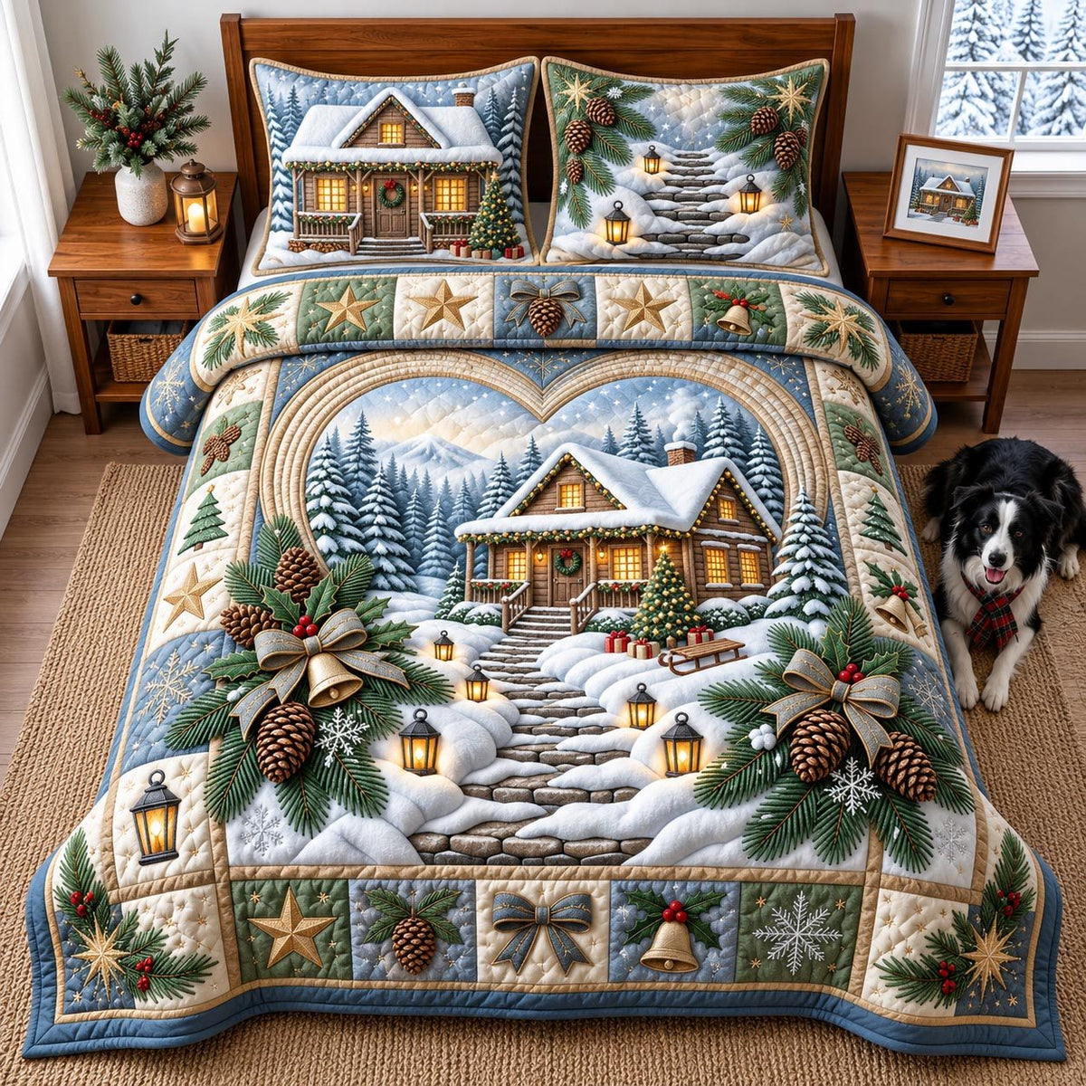 Rustic Winter Cabin quilted 3-piece bedding set on a made bed in a winter-styled bedroom