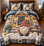Rustic Winter Gnome quilted 3-piece bedding set on a made bed in a winter-styled bedroom