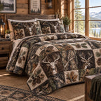 Rustic Woodland Deer quilted 3-piece bedding set on a made bed in a farmhouse bedroom