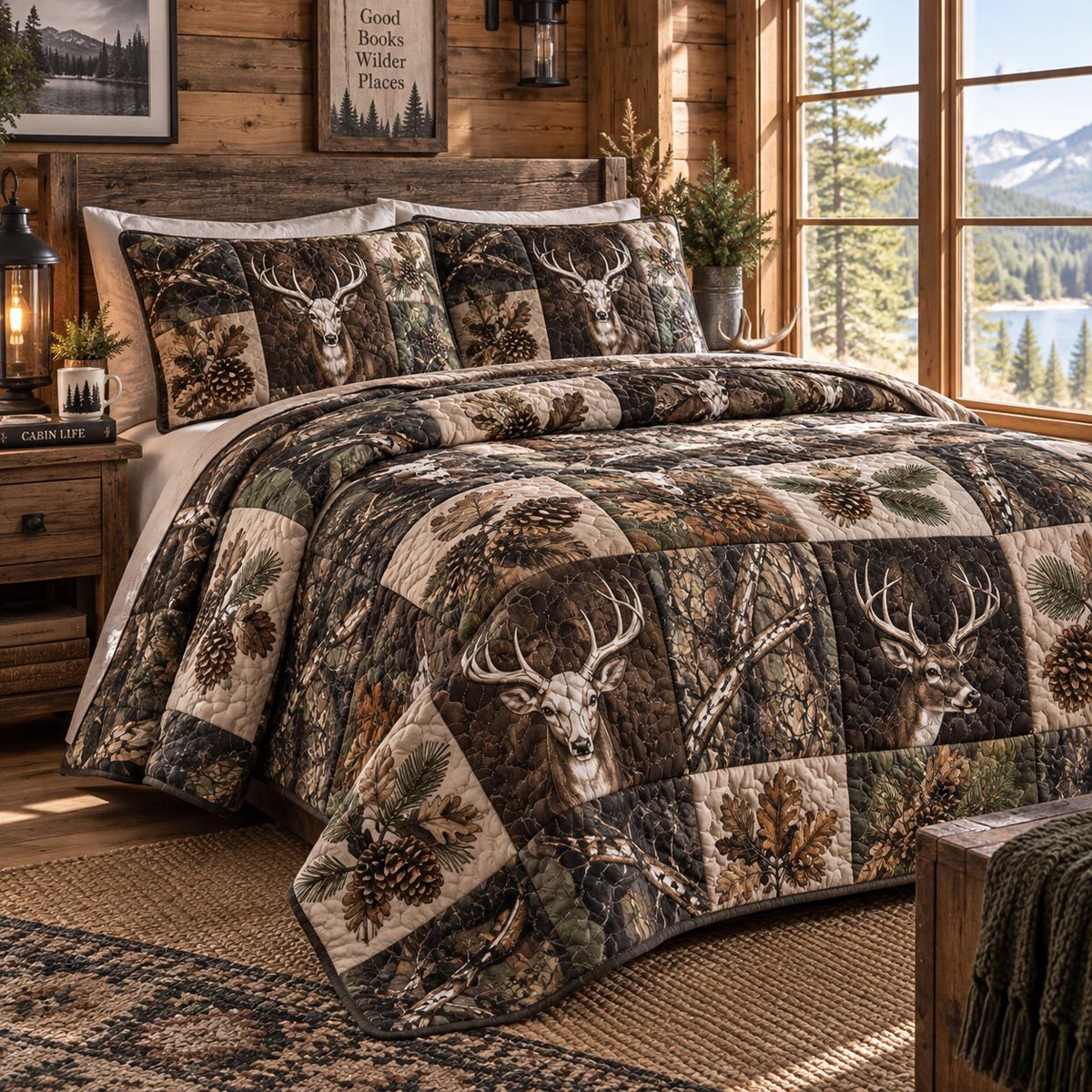 Rustic Woodland Deer quilted 3-piece bedding set on a made bed in a farmhouse bedroom