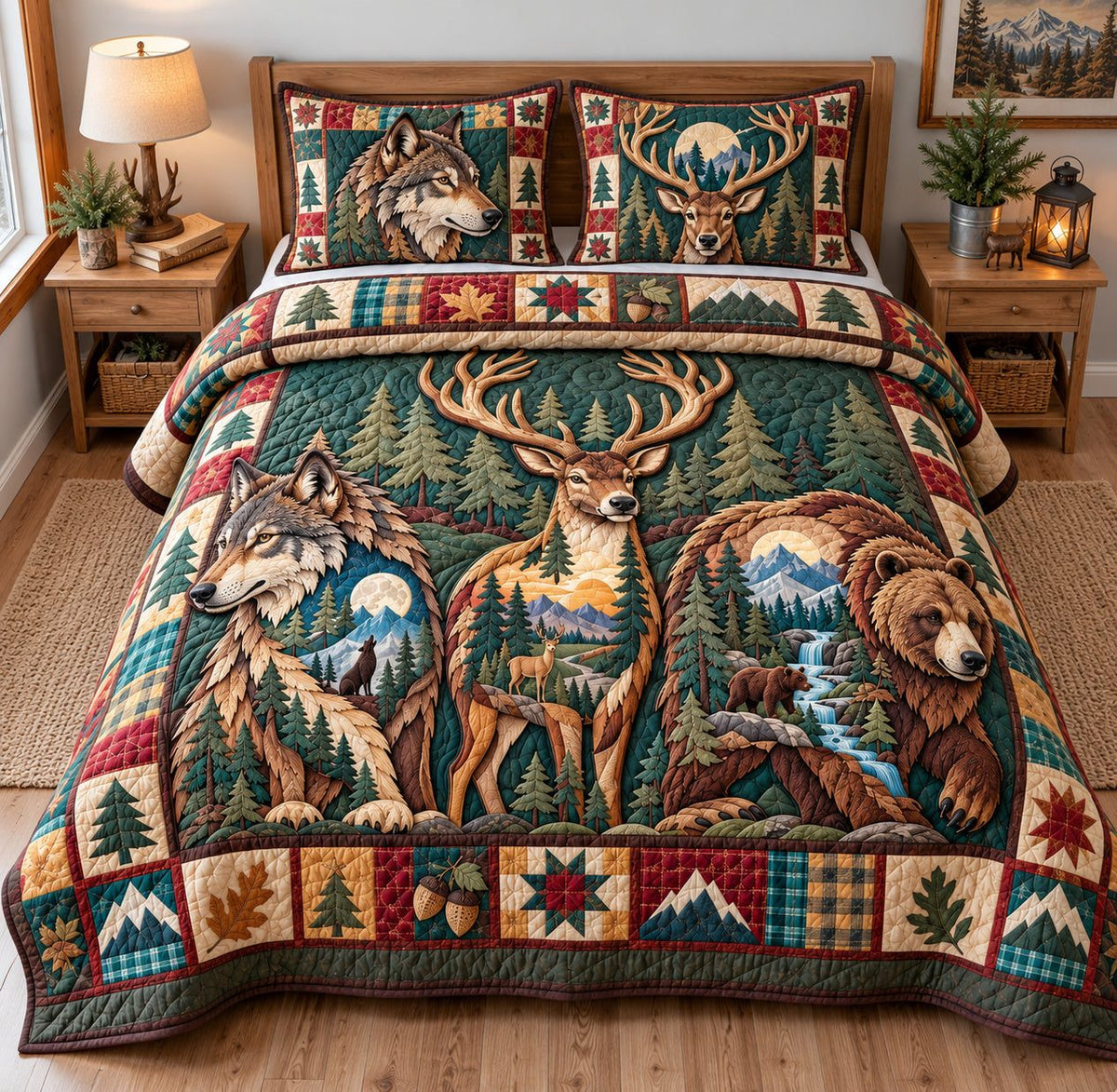 Rustic Woodland Escape quilted 3-piece bedding set on a made bed in a farmhouse bedroom