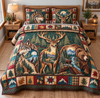 Rustic Woodland Escape quilted 3-piece bedding set on a made bed in a farmhouse bedroom