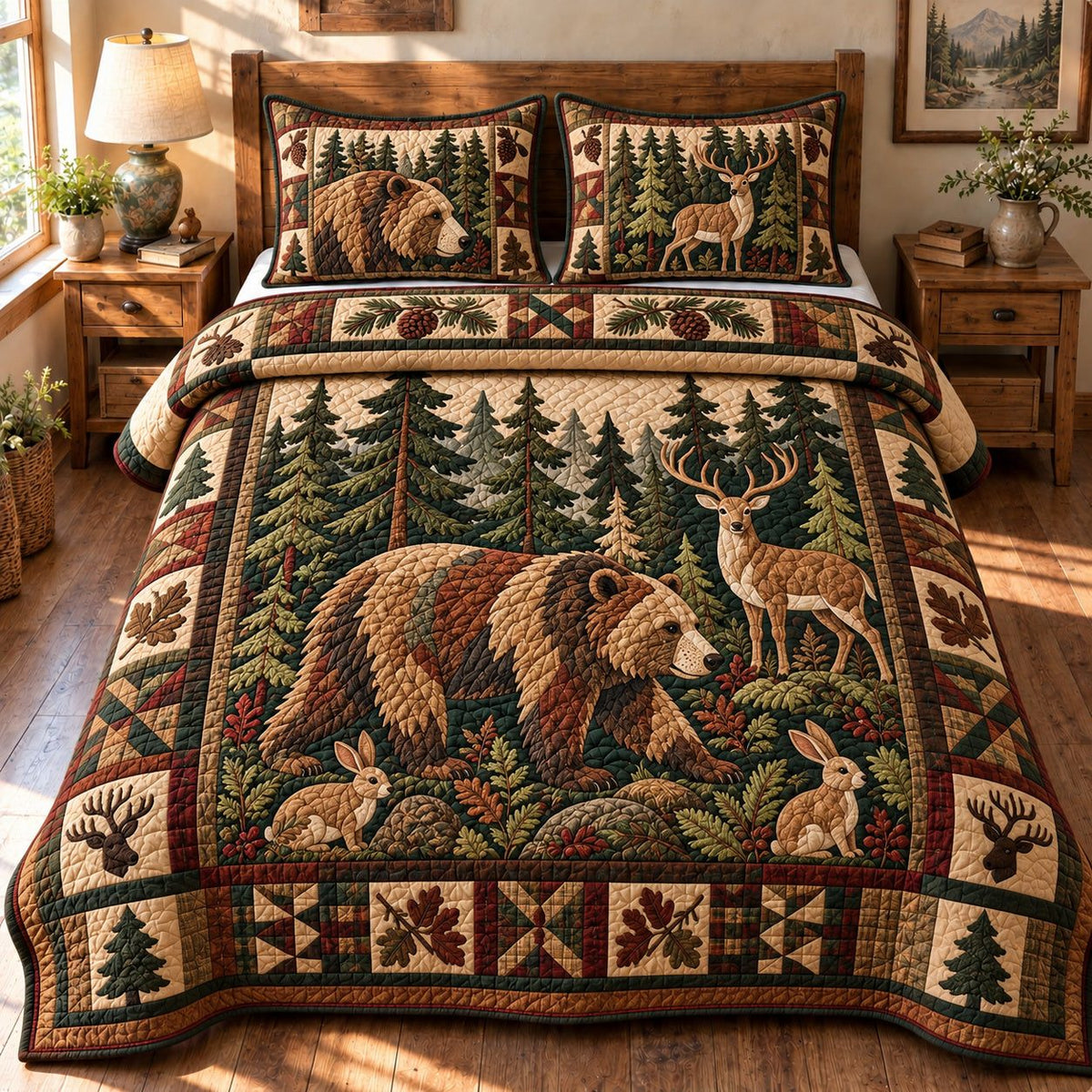 Rustic Woodland Harmony quilted 3-piece bedding set on a made bed in a farmhouse bedroom