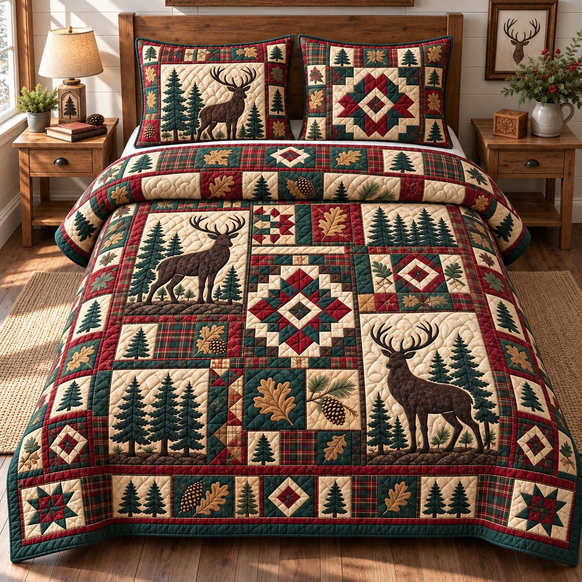 Rustic Woodland Heritage quilted 3-piece bedding set on a made bed in a farmhouse bedroom