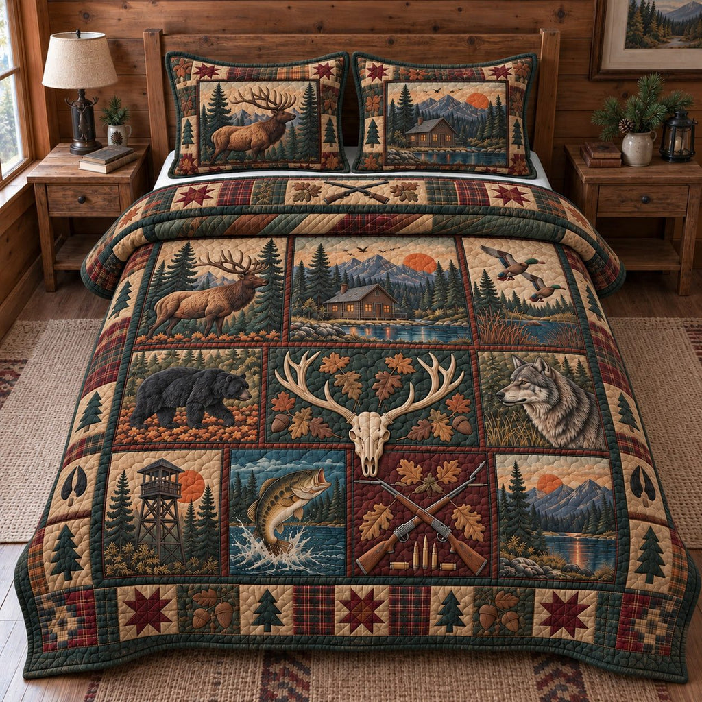 Rustic Woodland Retreat quilted 3-piece bedding set on a made bed in a farmhouse bedroom