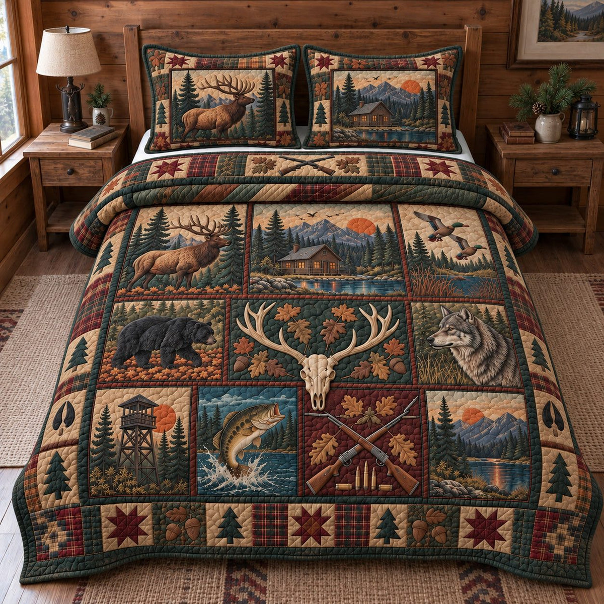 Rustic Woodland Retreat quilted 3-piece bedding set on a made bed in a farmhouse bedroom