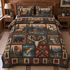 Rustic Woodland Retreat quilted 3-piece bedding set on a made bed in a farmhouse bedroom