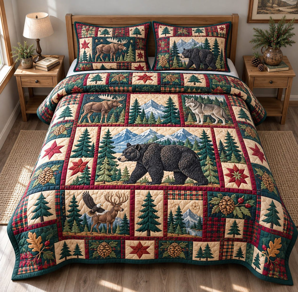 Rustic Woodland Serenity quilted 3-piece bedding set on a made bed in a farmhouse bedroom