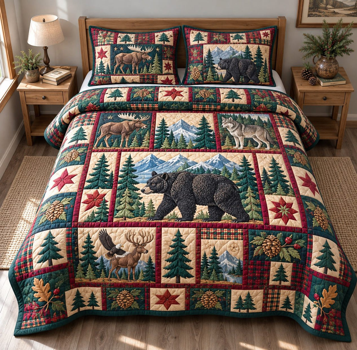 Rustic Woodland Serenity quilted 3-piece bedding set on a made bed in a farmhouse bedroom