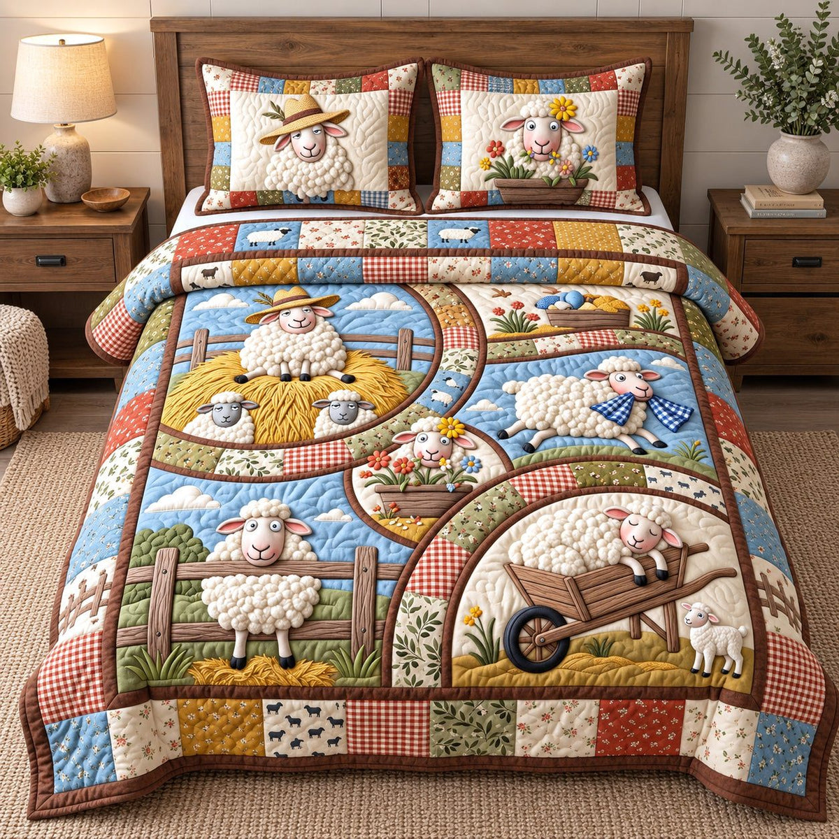 Rustic Wool Patches quilted 3-piece bedding set on a made bed in a farmhouse bedroom