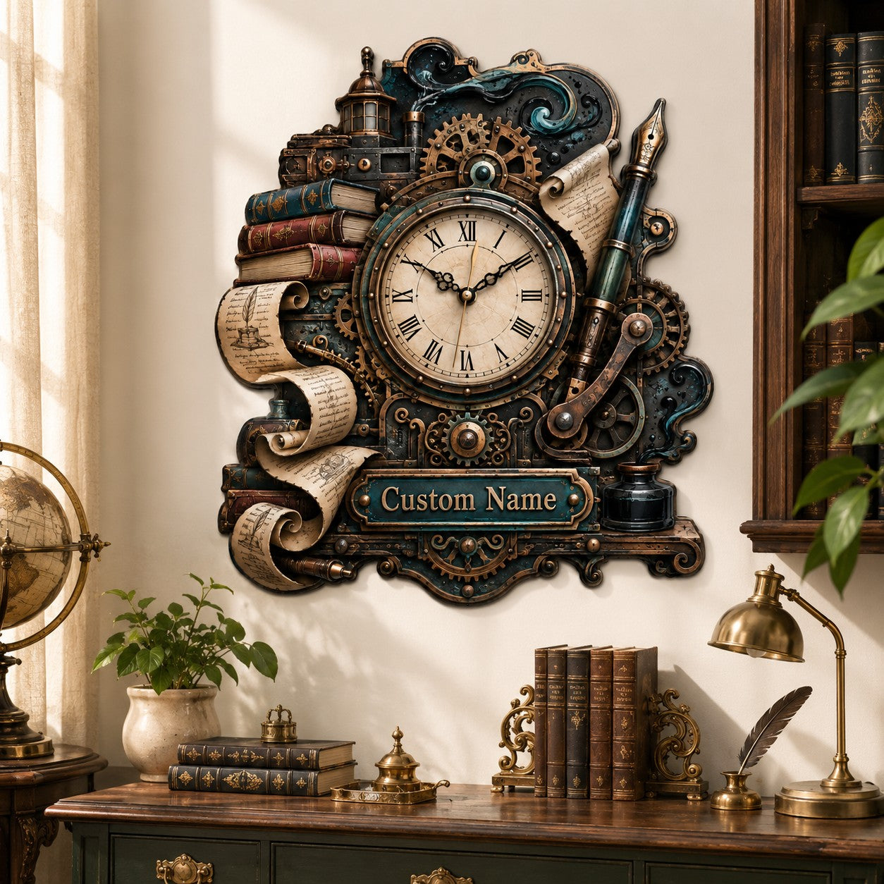 Personalized Steampunk Writer Wall Clock — personalized with a custom name