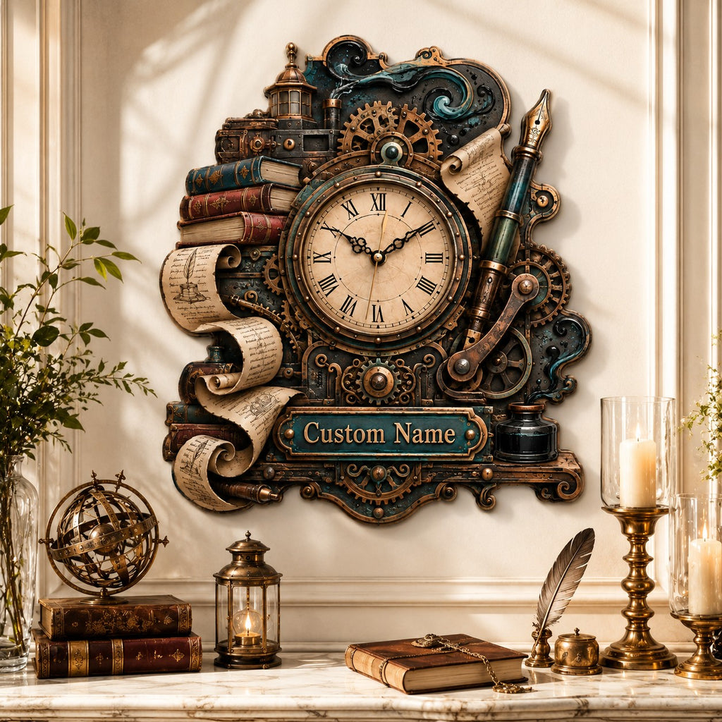 Personalized Steampunk Writer Wall Clock — personalized with a custom name
