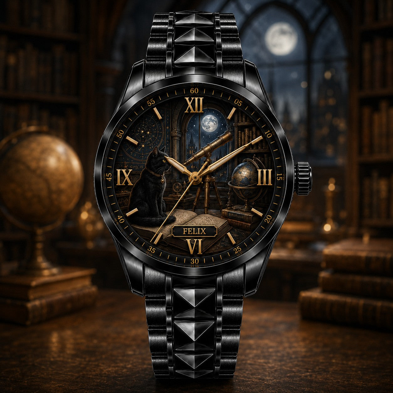 Custom Moonlit Cat Observatory Watch — personalized with a custom name