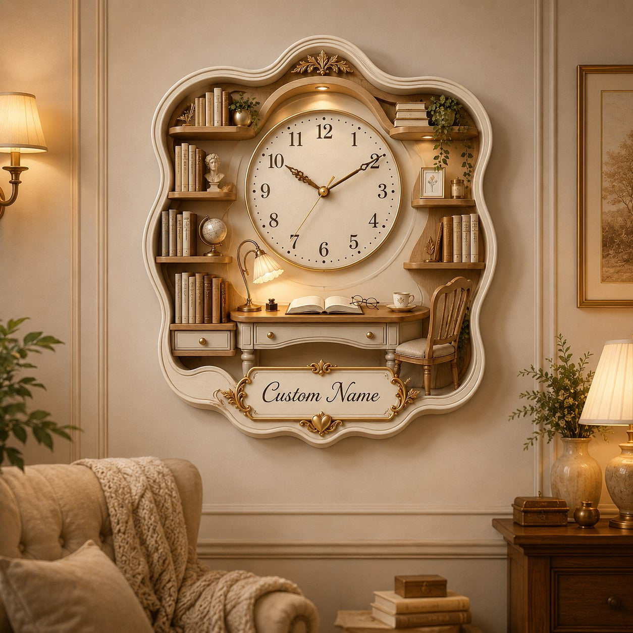 Book lovers Custom Name Wall Clock — personalized with a custom name