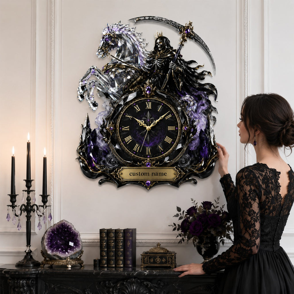 Personalized Grim Reaper crystal horse wall clock — personalized with a custom name