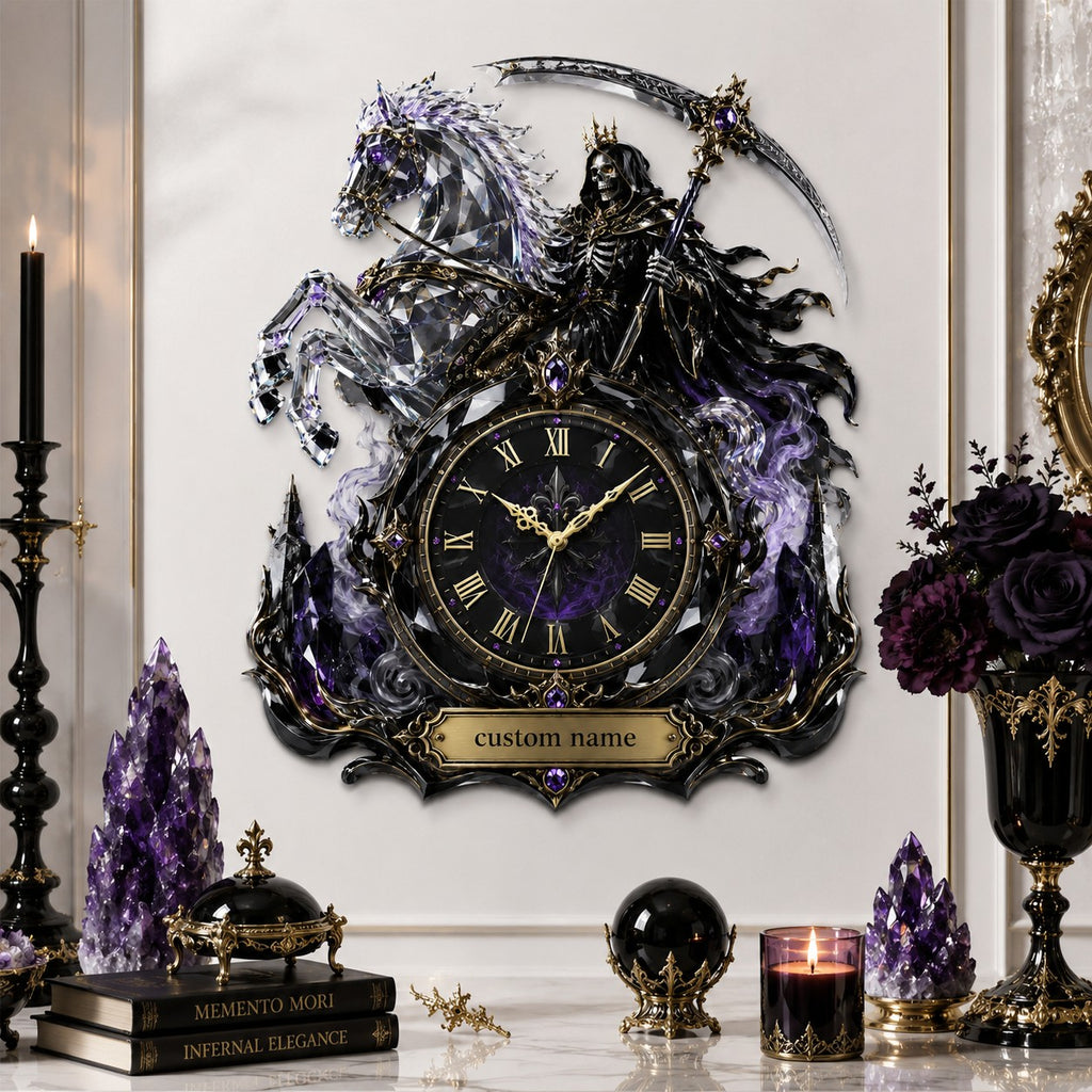 Personalized Grim Reaper crystal horse wall clock — personalized with a custom name