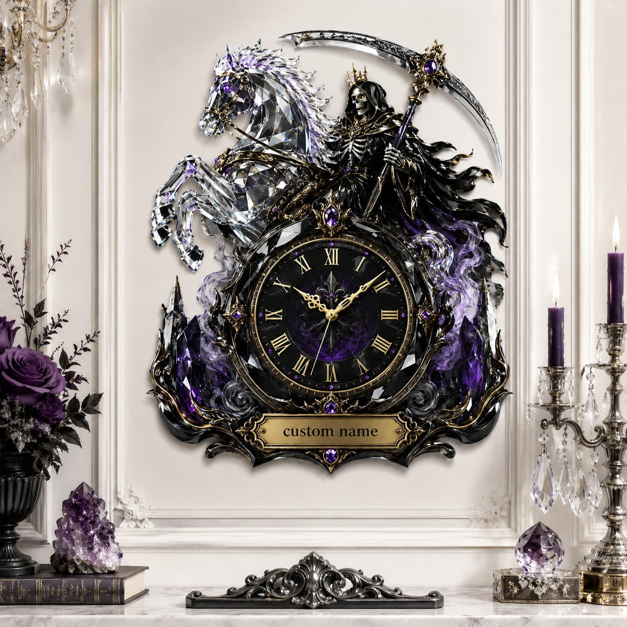 Personalized Grim Reaper crystal horse wall clock — personalized with a custom name