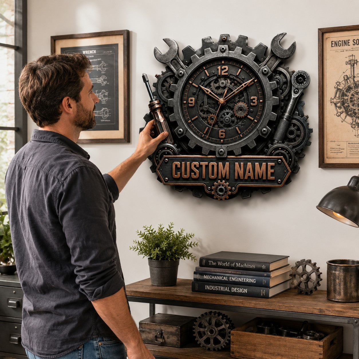 Industrial gear Custom Name Wall Clock — personalized with a custom name