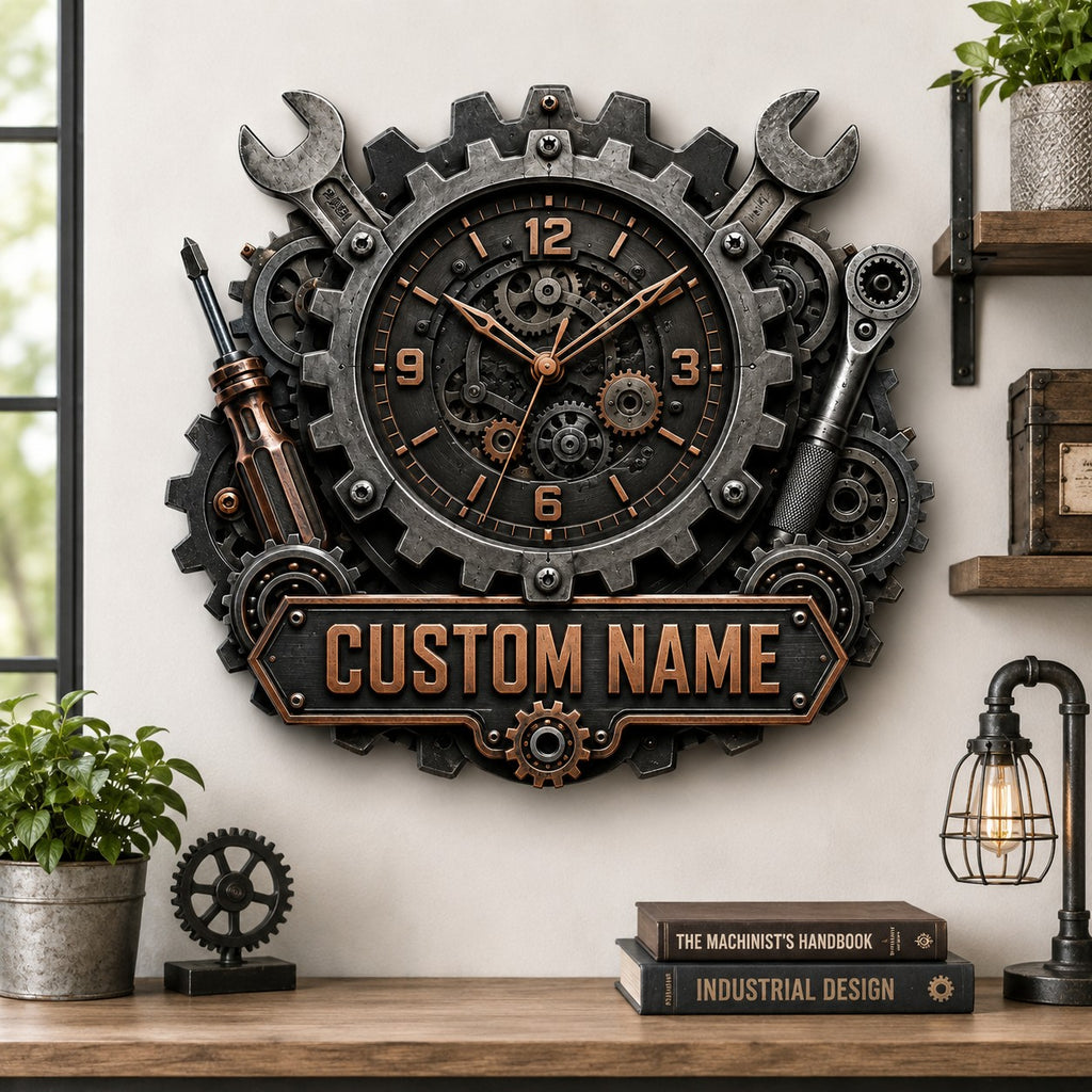 Industrial gear Custom Name Wall Clock — personalized with a custom name