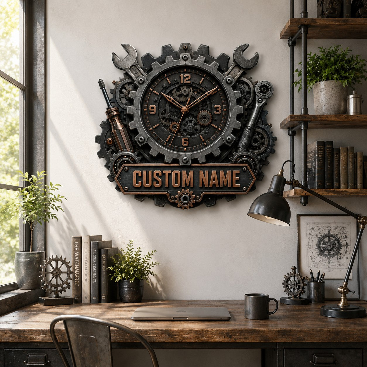 Industrial gear Custom Name Wall Clock — personalized with a custom name