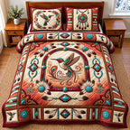 Sacred Bird quilted 3-piece bedding set on a made bed in a softly lit bedroom