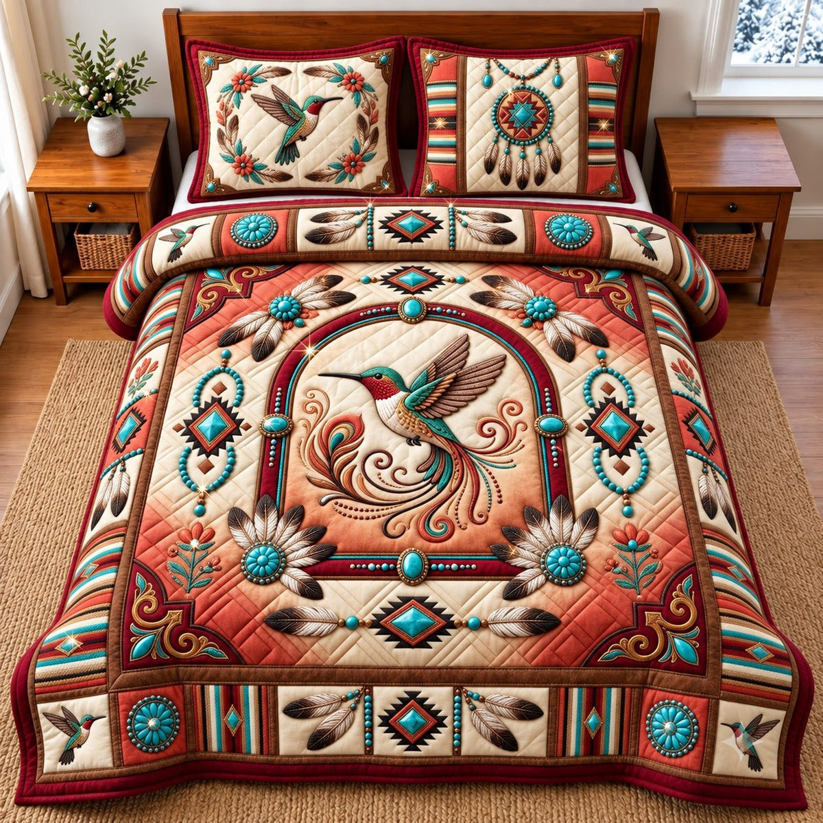 Sacred Bird quilted 3-piece bedding set on a made bed in a softly lit bedroom