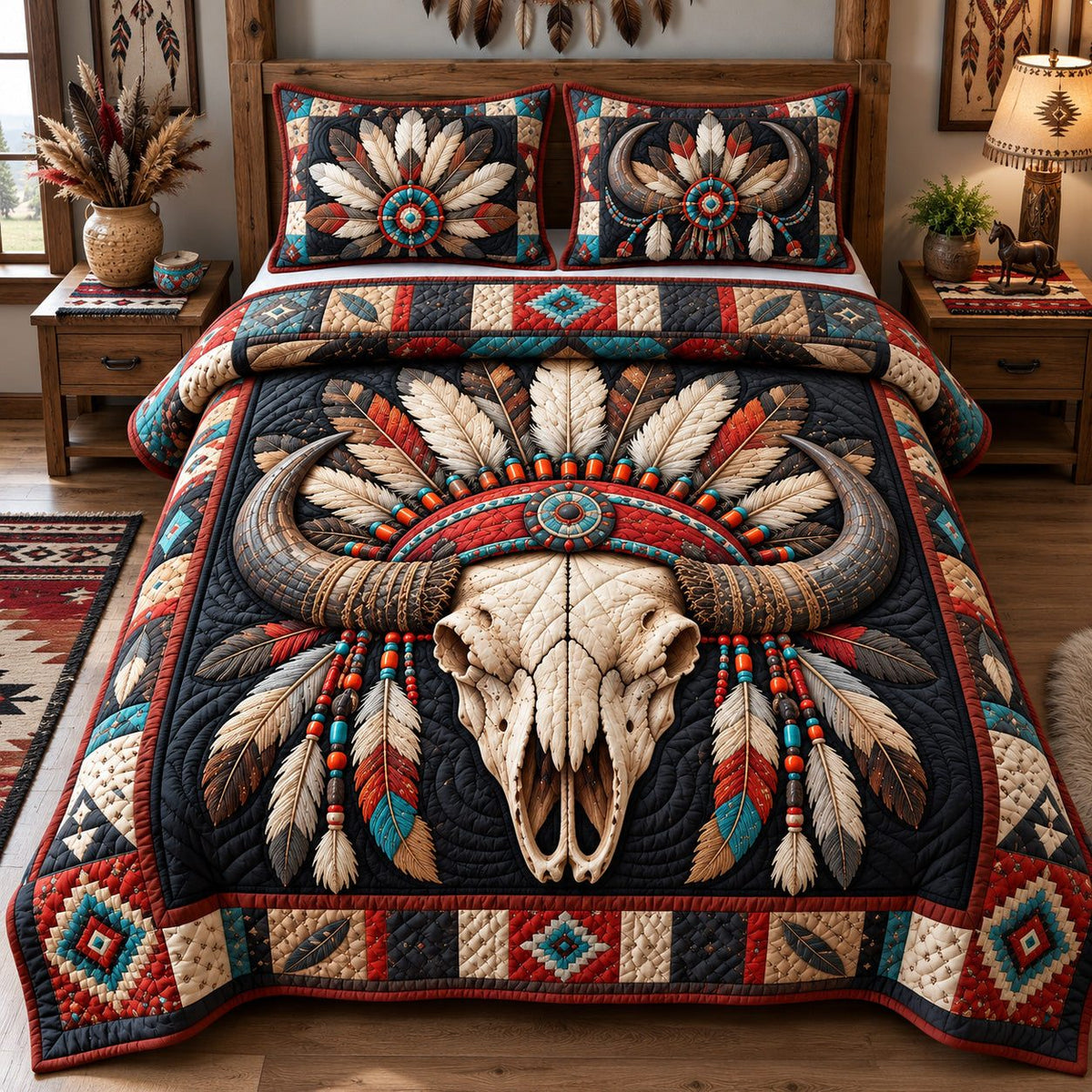 Sacred Buffalo Spirit quilted 3-piece bedding set on a made bed in a softly lit bedroom
