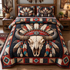 Sacred Buffalo Spirit quilted 3-piece bedding set on a made bed in a softly lit bedroom