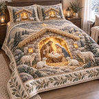 Sacred Family quilted 3-piece bedding set on a made bed in a softly lit bedroom