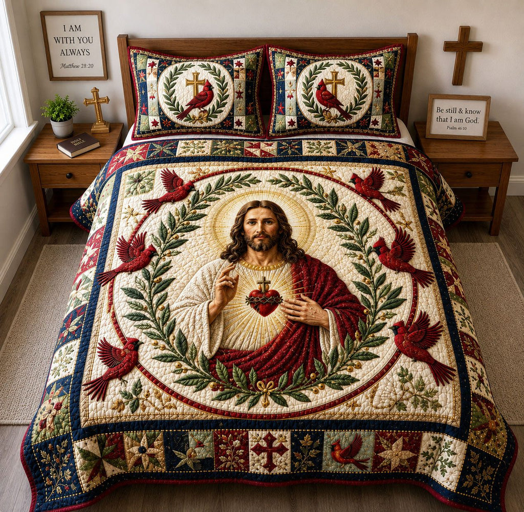Sacred Heart Cardinal Wreath quilted 3-piece bedding set on a made bed in a softly lit bedroom