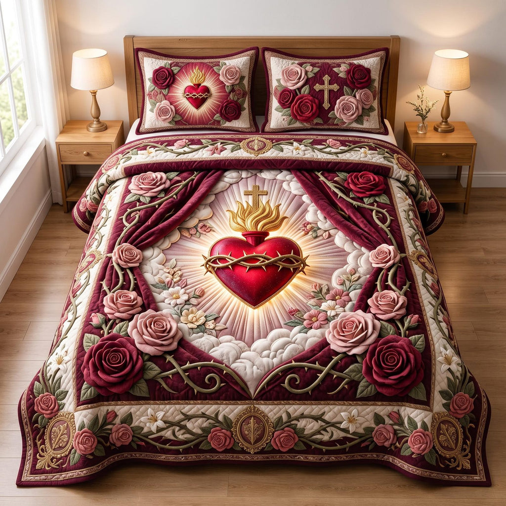 Sacred Love quilted 3-piece bedding set on a made bed in a softly lit bedroom