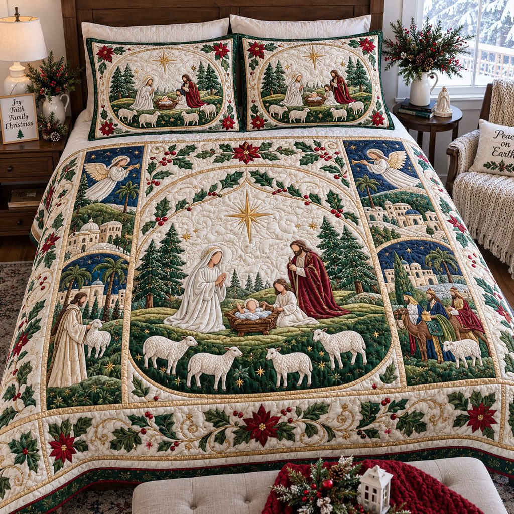 Sacred Night quilted 3-piece bedding set on a made bed in a softly lit bedroom
