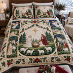 Sacred Night quilted 3-piece bedding set on a made bed in a softly lit bedroom
