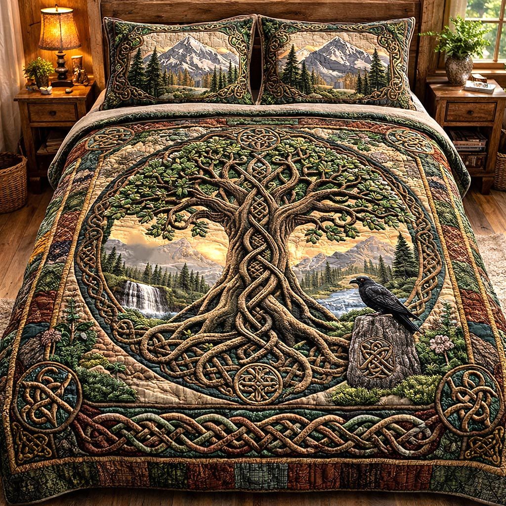 Sacred Roots Tree quilted 3-piece bedding set on a made bed in a softly lit bedroom