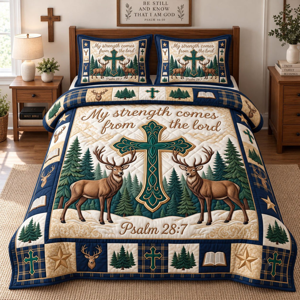 Sacred Stag Faith quilted 3-piece bedding set on a made bed in a softly lit bedroom