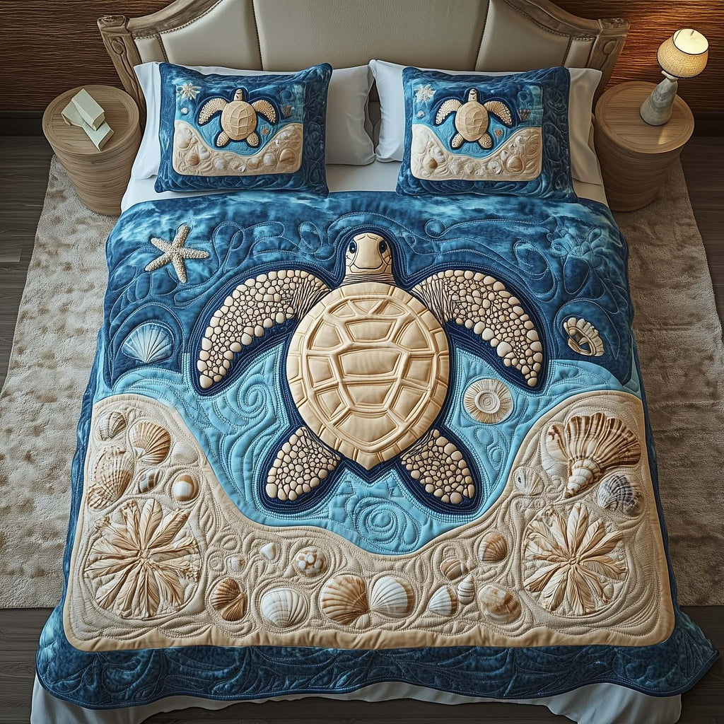 Sacred Turtle Blue quilted 3-piece bedding set on a made bed in a softly lit bedroom