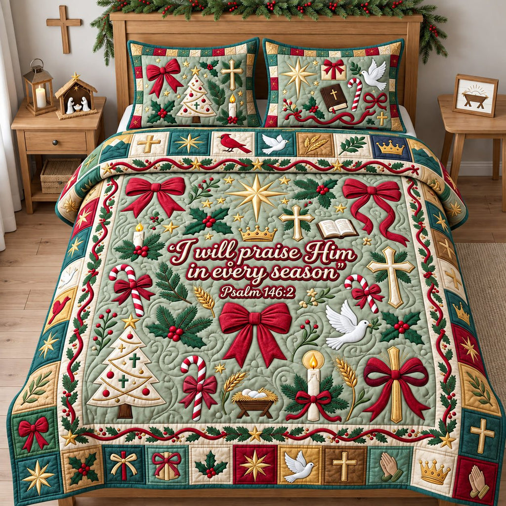 Sage Garden Praise Him In Every Season quilted 3-piece bedding set on a made bed with two matching pillow shams