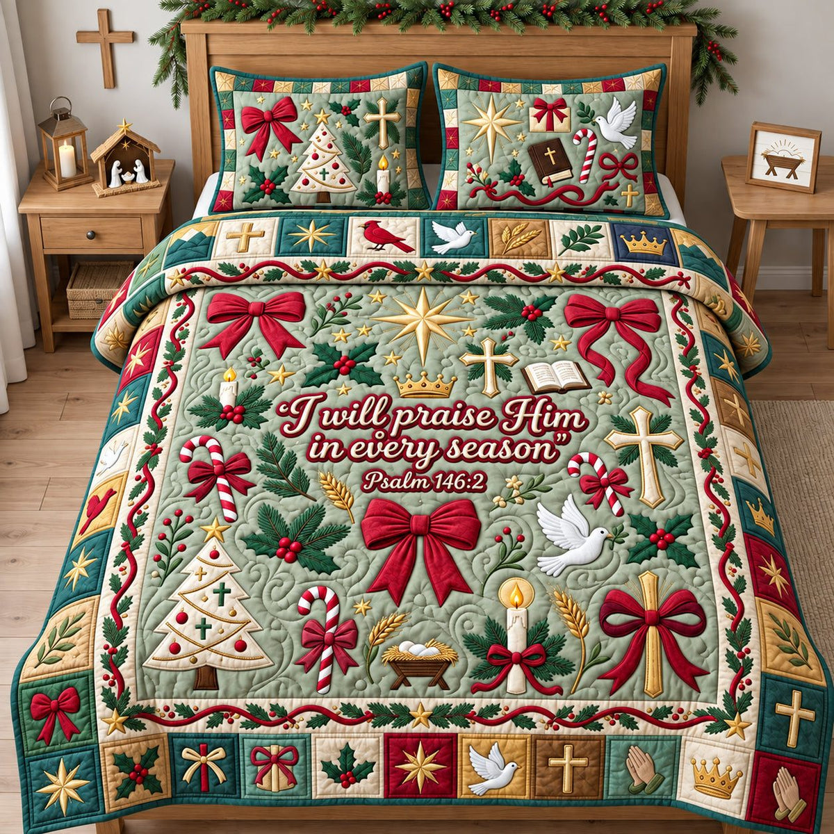 Sage Garden Praise Him In Every Season quilted 3-piece bedding set on a made bed with two matching pillow shams