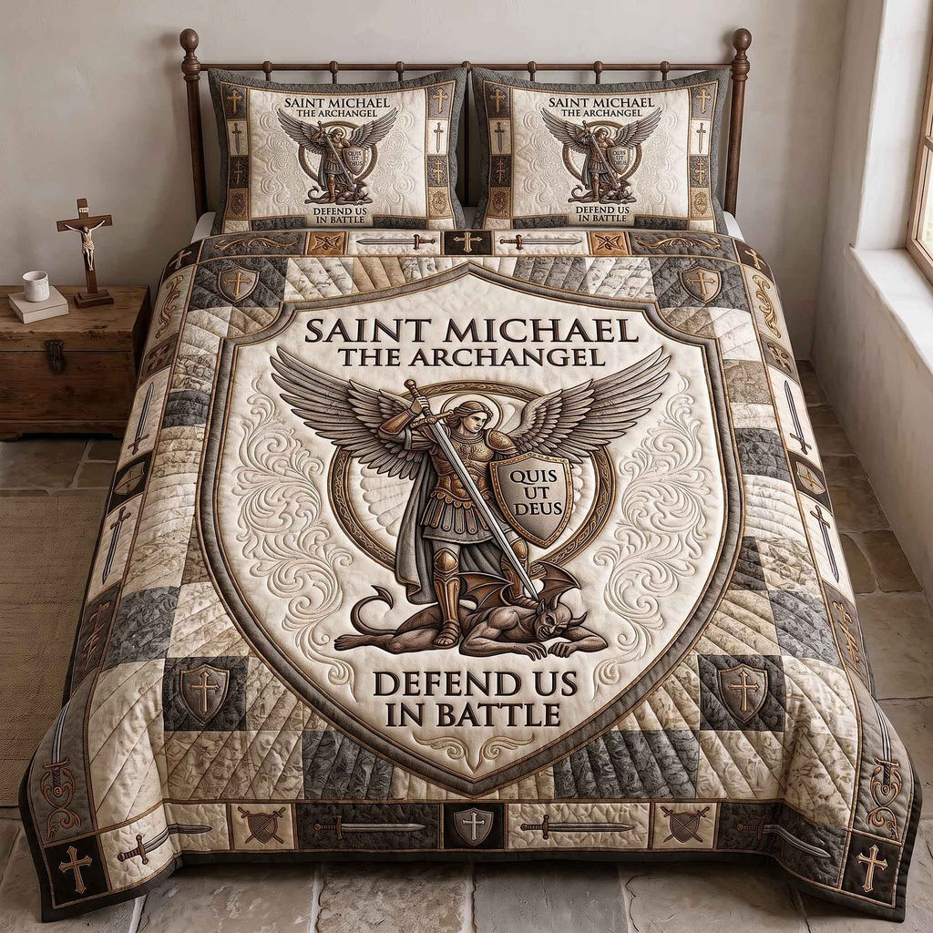 Saint Michael Archangel quilted 3-piece bedding set on a made bed in a softly lit bedroom