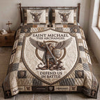 Saint Michael Archangel quilted 3-piece bedding set on a made bed in a softly lit bedroom
