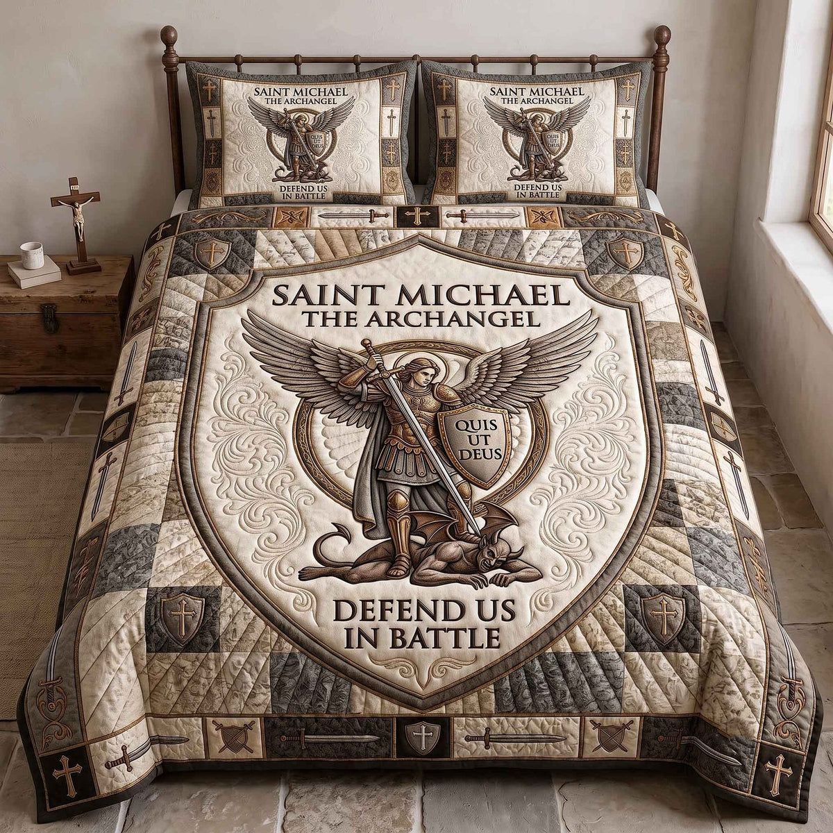 Saint Michael Archangel quilted 3-piece bedding set on a made bed in a softly lit bedroom