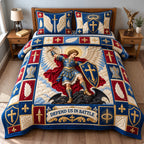 Saint Michael Courage quilted 3-piece bedding set on a made bed with two matching pillow shams