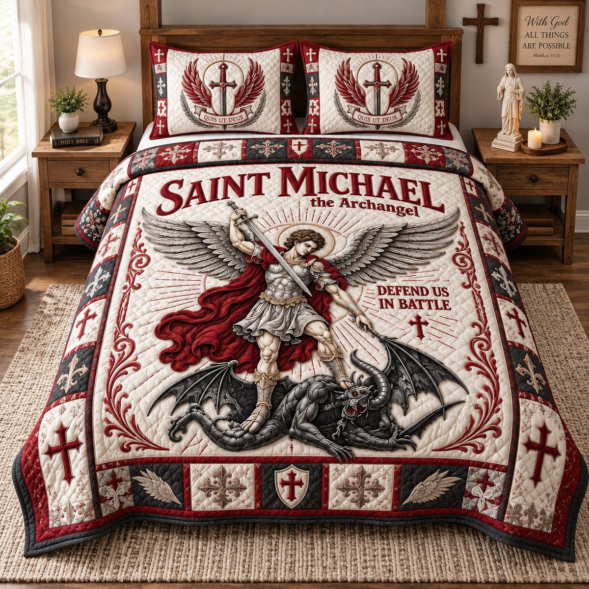 Saint Michael Defender quilted 3-piece bedding set on a made bed with two matching pillow shams