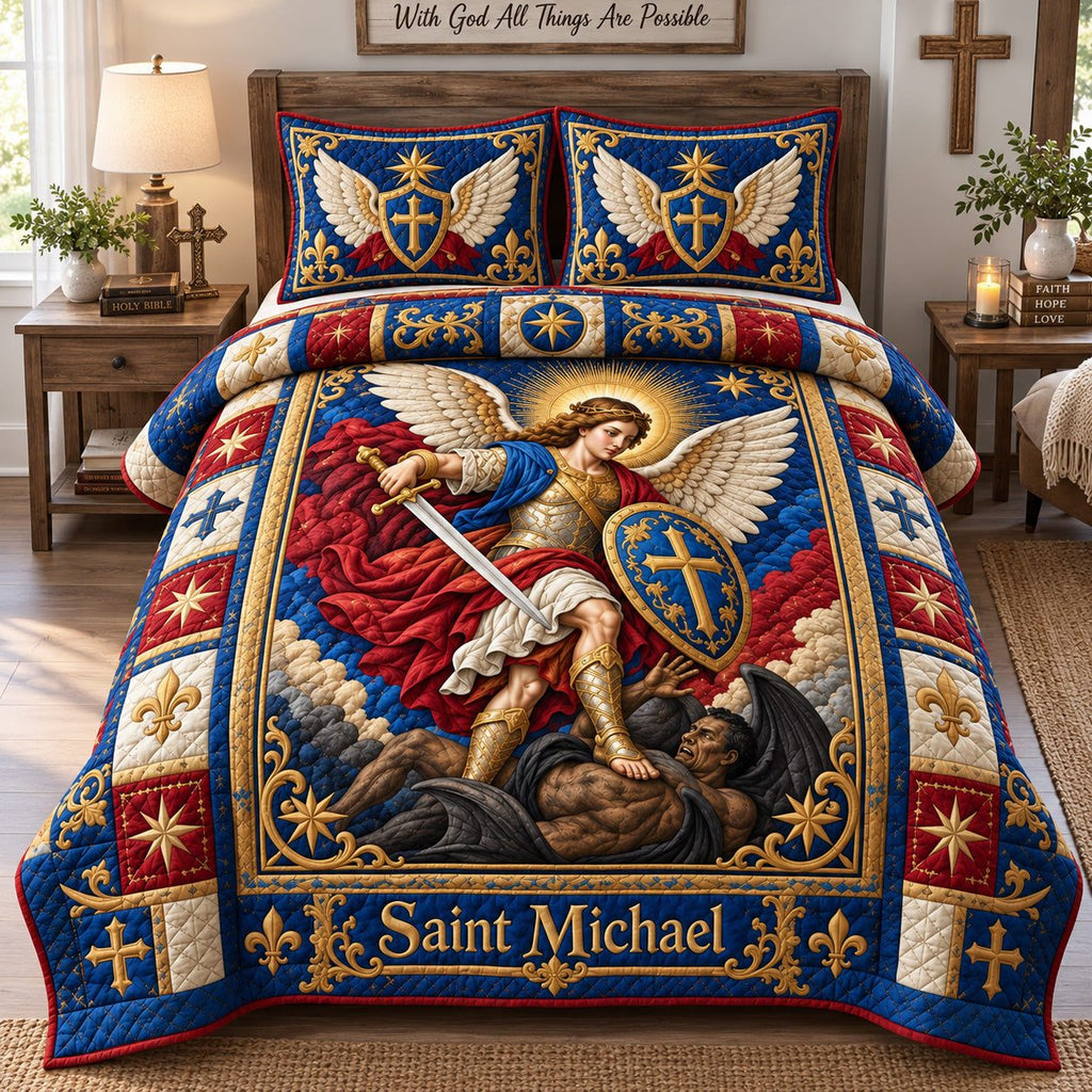 Saint Michael Divine Warrior quilted 3-piece bedding set on a made bed in a softly lit bedroom