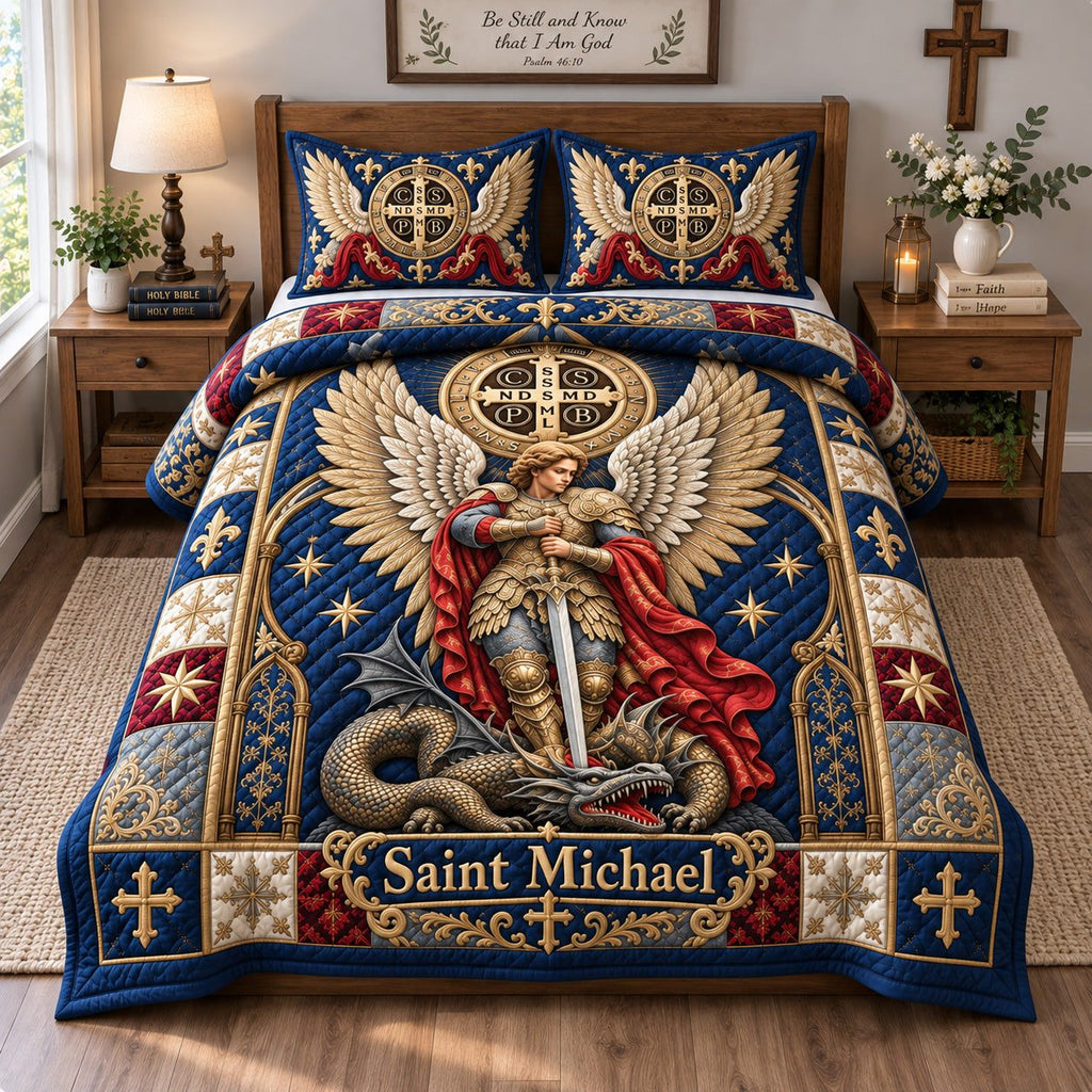 Saint Michael Dragon Slayer quilted 3-piece bedding set on a made bed with two matching pillow shams