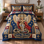 Saint Michael Dragon Slayer quilted 3-piece bedding set on a made bed with two matching pillow shams