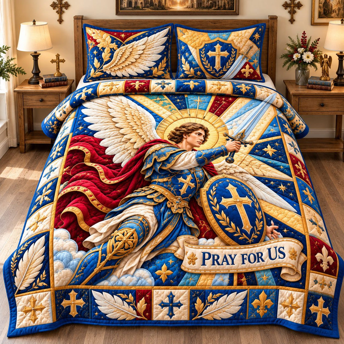 Saint Michael Guardian quilted 3-piece bedding set on a made bed with two matching pillow shams