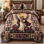 Saint Michael Heavenly Protector quilted 3-piece bedding set on a made bed in a softly lit bedroom