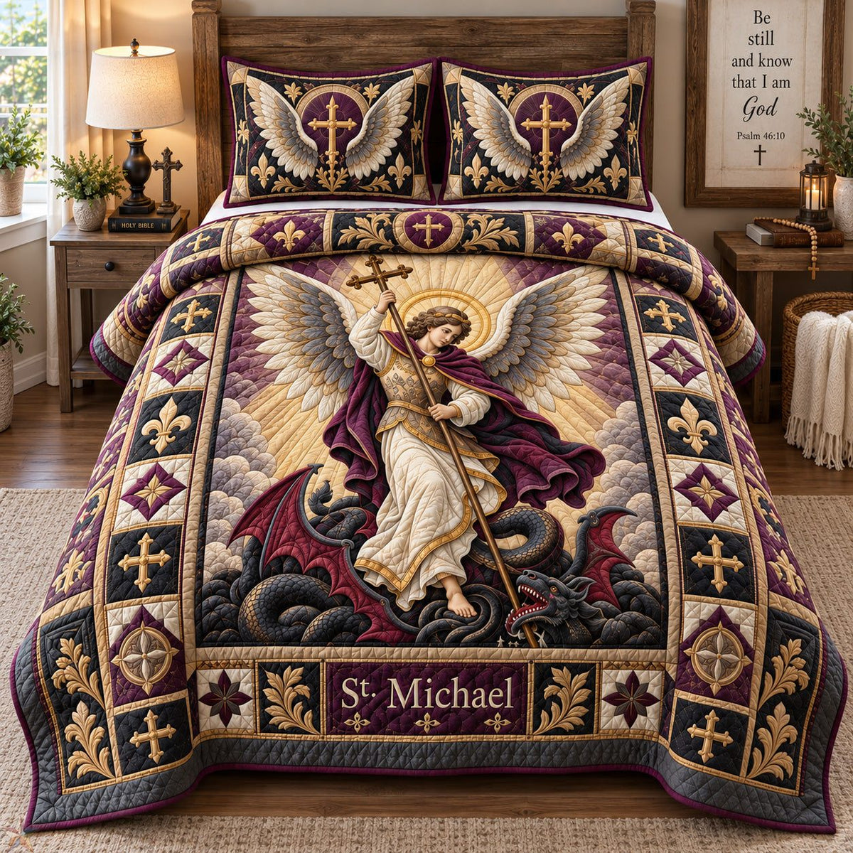 Saint Michael Heavenly Protector quilted 3-piece bedding set on a made bed in a softly lit bedroom