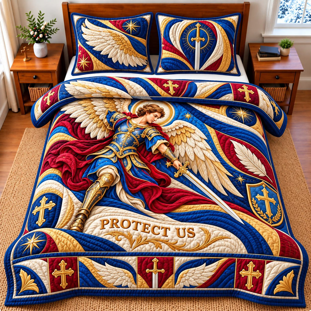 Saint Michael Protect Us Banner quilted 3-piece bedding set on a made bed with two matching pillow shams